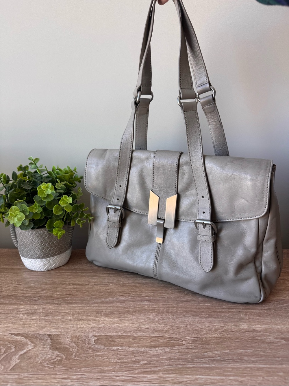 Hype Grey Leather Flap Satchel Buckle Bag